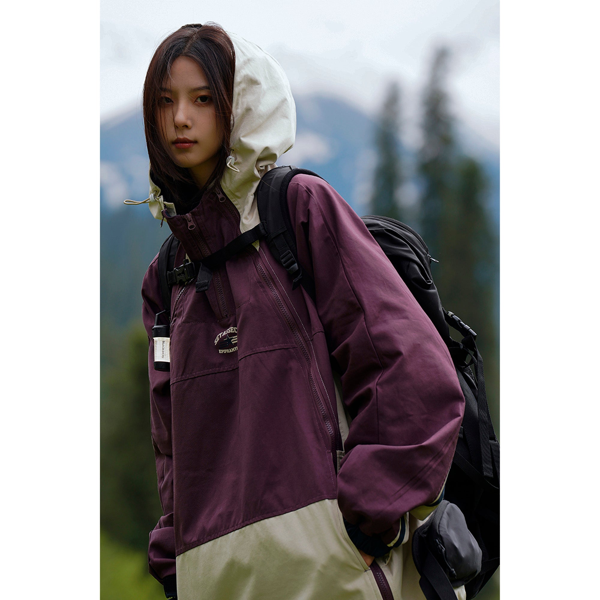 patchwork zipper decorated hooded jacket