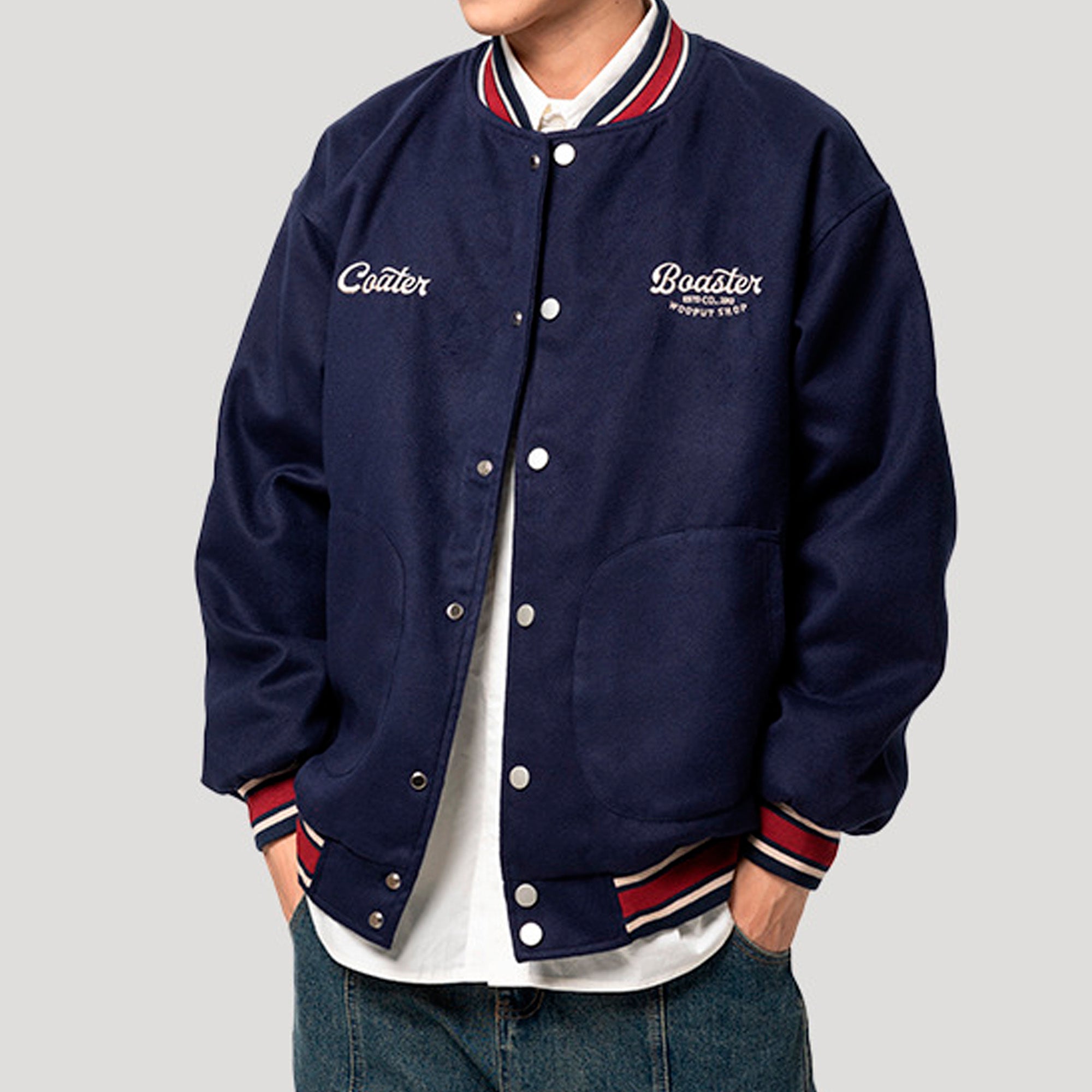 letters embroidered baseball collar jacket
