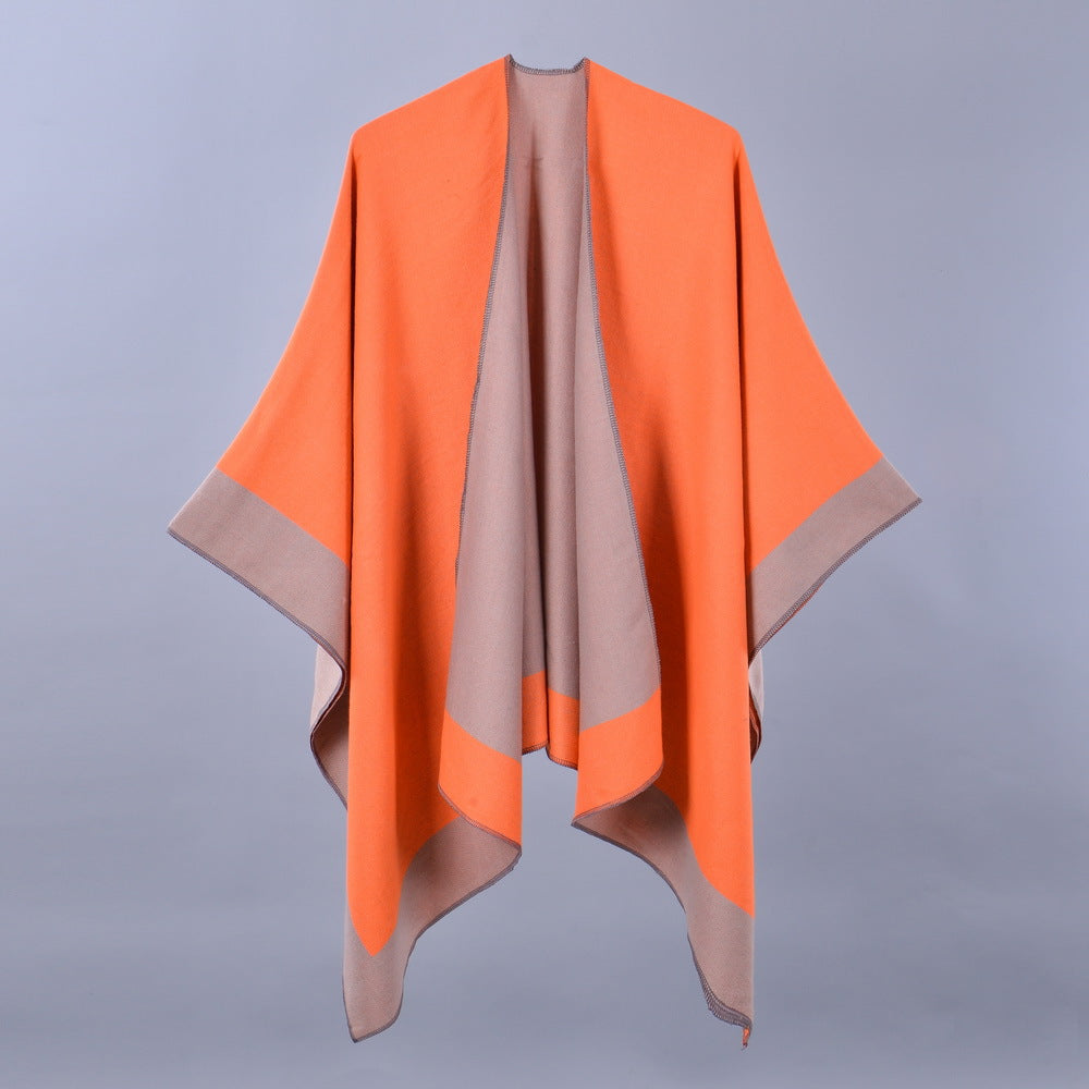 Double-sided bordered cuffed shawl orange khaki
