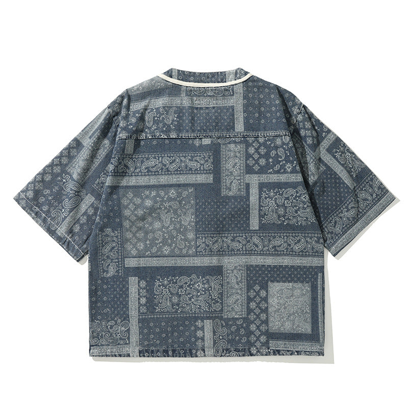 paisley pattern collarless shirt