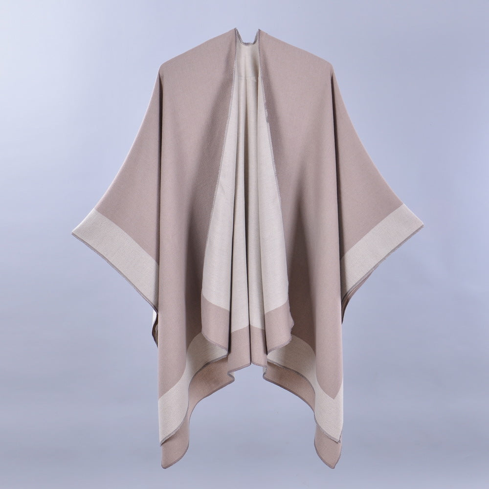 Double-sided bordered cuffed shawl khaki