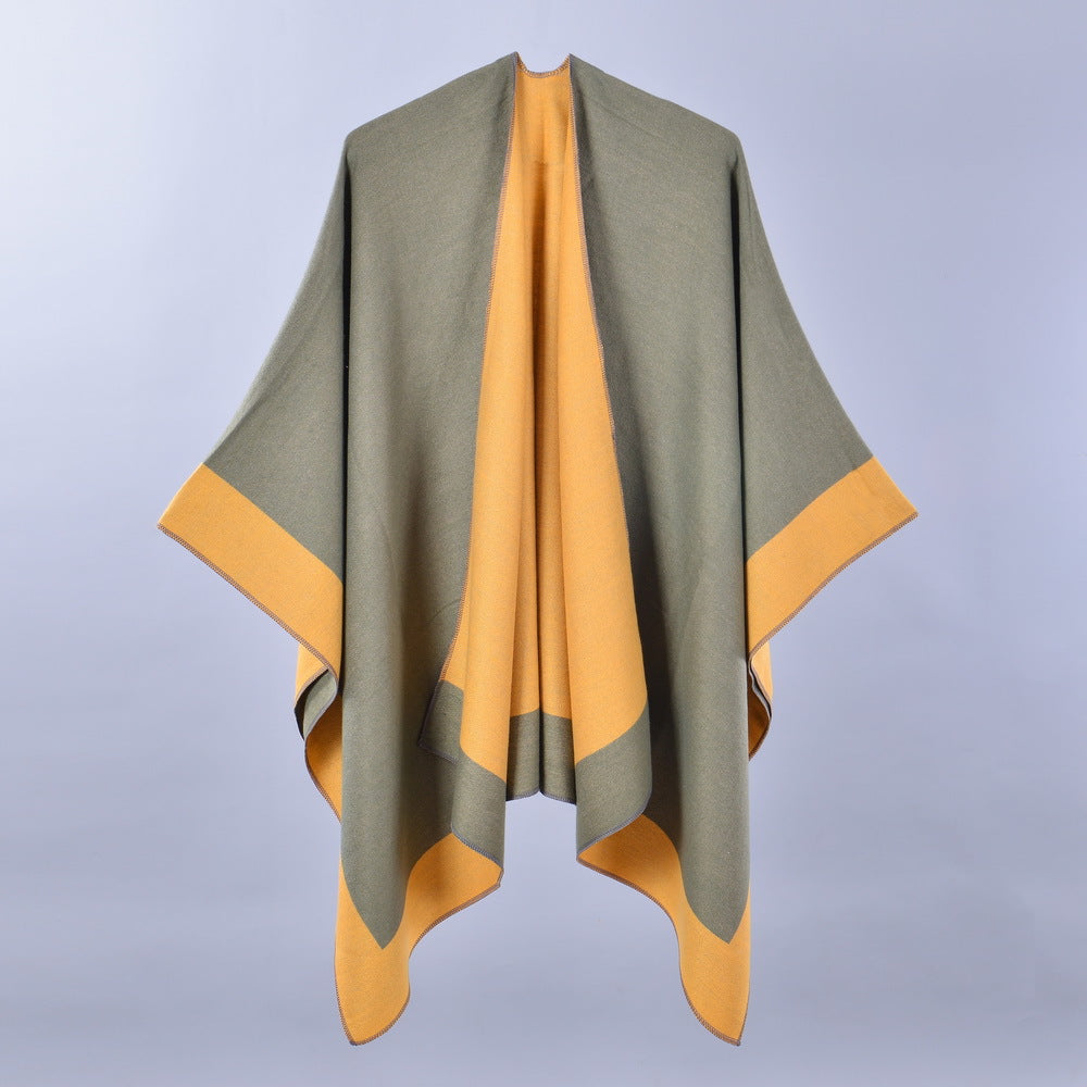 Double Sided Border Cuffed Shawl Green and Yellow