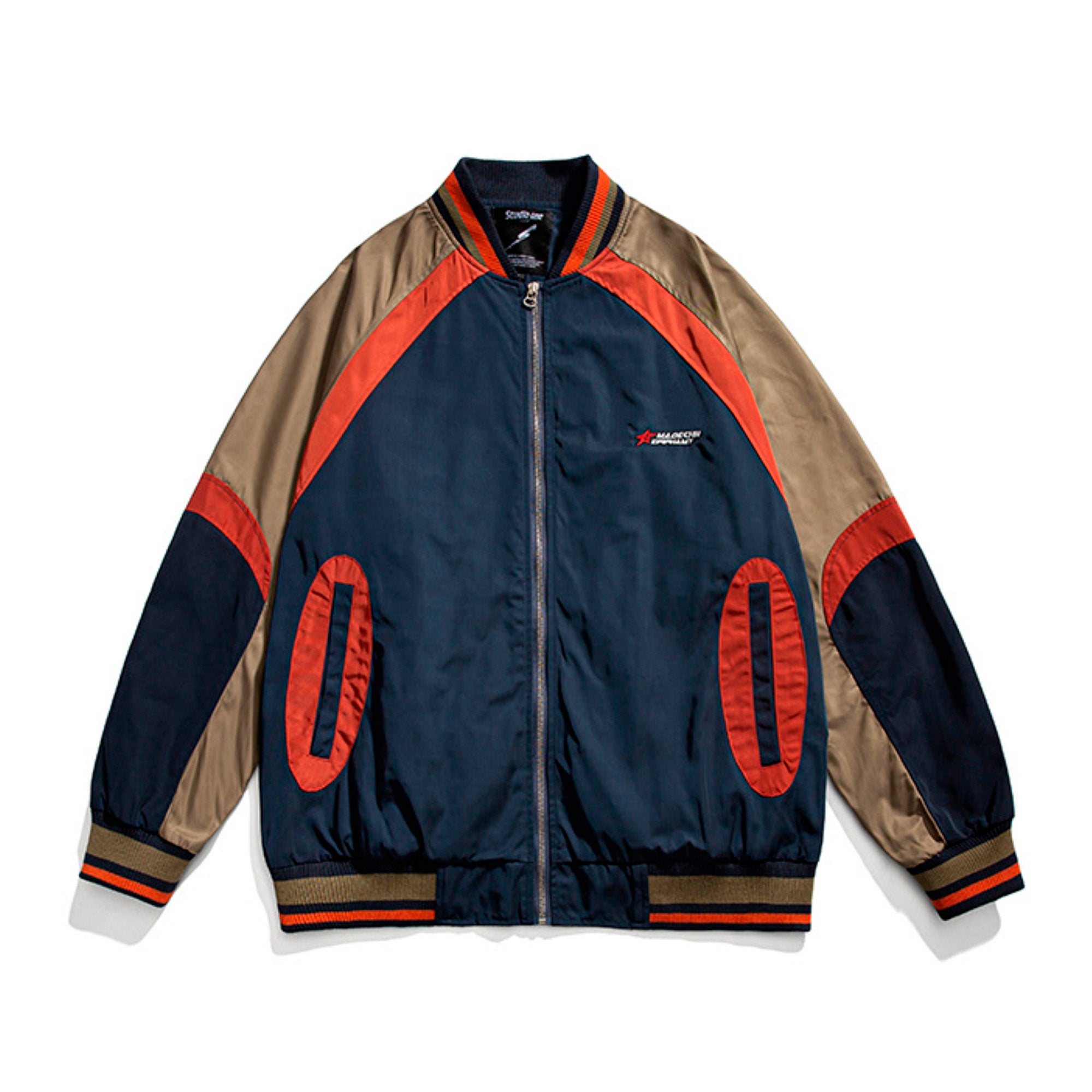 patchwork label embroidered baseball collar jacket