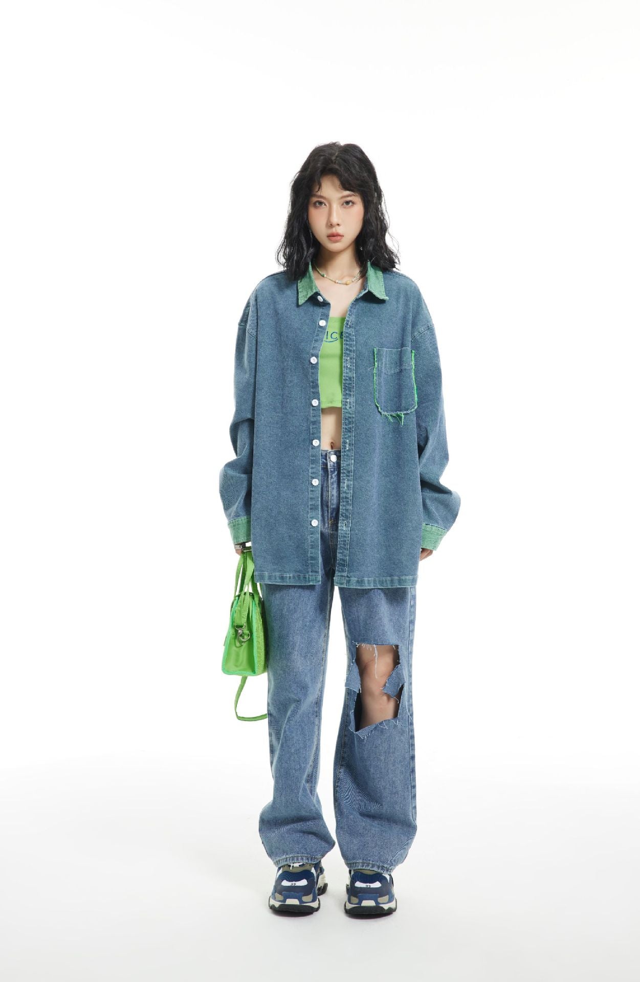 olid color double-sided washed denim shirt
